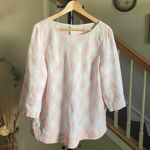 J. Jill Love Linen Boat Neck Top 3/4 Sleeve Gingham Pink and White Size Large